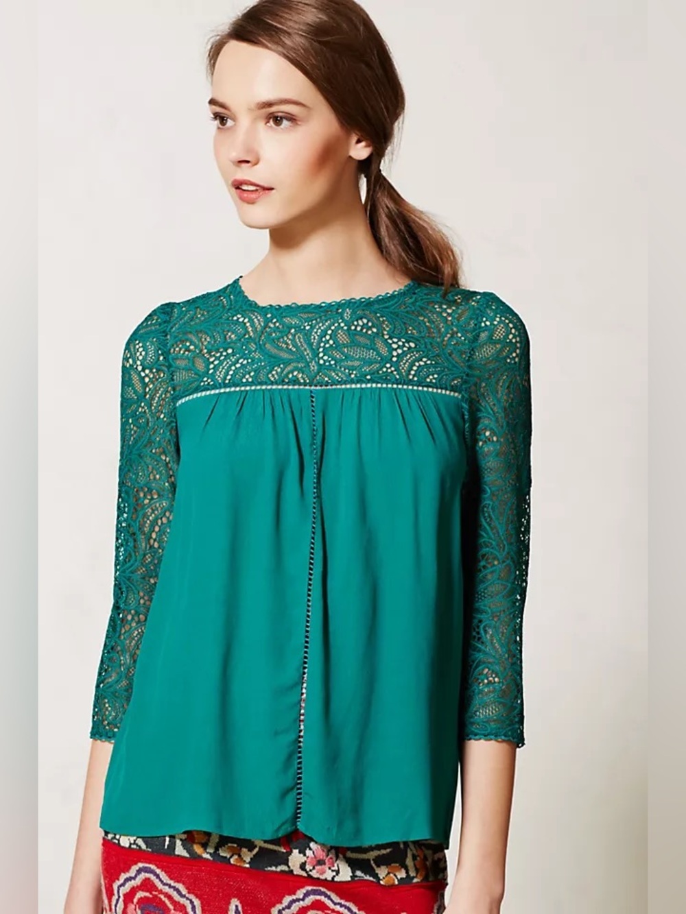 Anthropologie Moulinette Soeurs Lace Yoke Dolman Blouse 6 Teal Boho Feminine